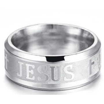 JESUS - igés, ezüst színű, keresztény feliratos / szimbólumos nemesacél gyűrű (több méretben) EU 62