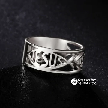 Jesus, Ichthys - igés, ezüst színű, keresztény feliratos / szimbólumos nemesacél gyűrű (több méretben) EU 48