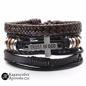 Trust in GOD - keresztes, állítható, műbőr férfi karkötő ( 3 db - os szett)