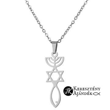 Menóra-Dávid csillag-Ichthys szimbólum, igés, nemesacél, keresztény nyaklánc