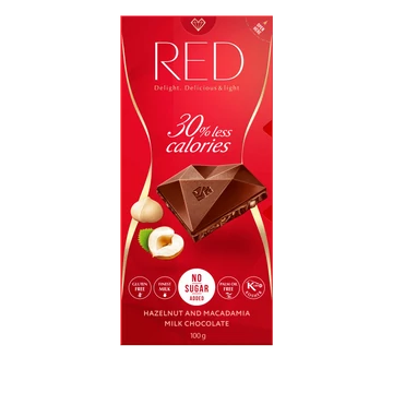 RED Delight Mogyorós és makadám diós tejcsokoládé édesítőszerekkel 100 g - táblás csokoládé ( gluténmentes, hozzáadottcukor mentes, kosher ) 