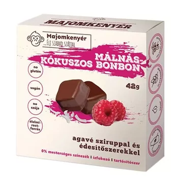 Málnás-kókuszos bonbon 42g - gluténmentes, tejtermék felhasználása nélkül készült, tojásmentes, vegán bonbon édesítőszerekkel és agavé sziruppal