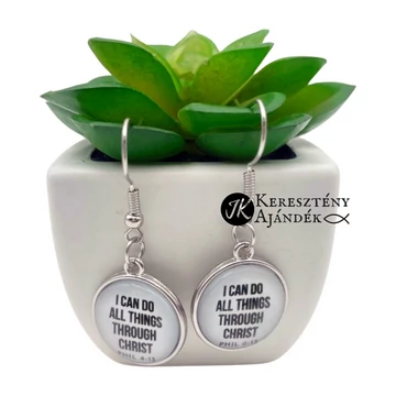 I can do all things through Christ-nikkelmentes, ezüst színű, üveglencsés, lógós fülbevaló