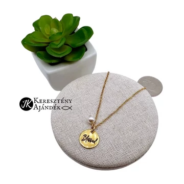 Blessed - gravírozott, keresztény feliratos, nemesacél, medálos női nyaklánc, lánchosszabbítóval ARANY színű + swarovski gyönggyel ( 15mm )