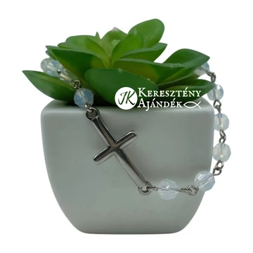 Keresztes, nemesacél, swarovski gyöngyös, karkötő, állítható méret ( tejfehér kristály)