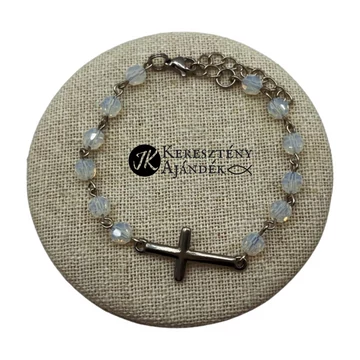 Keresztes, nemesacél, swarovski gyöngyös, karkötő, állítható méret ( tejfehér kristály)