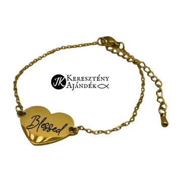 Blessed - gravírozott, keresztény feliratos, nemesacél, medálos női karkötő, állítható ARANY színű - ( min. 16 cm - max. 21 cm ) szív alakú