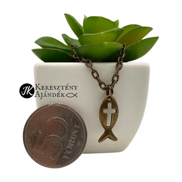 Ichthys, üres kereszttel -  keresztény szimbólumos, ötvözet, bronz színű nyaklánc ( hal kereszttel )