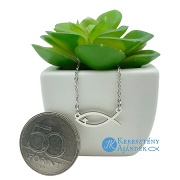 Ichthys ( halas ) kereszttel - keresztény szimbólumos, medálos, nemesacél nyaklánc ( 47 cm ) EZÜST színű