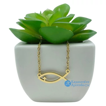 Ichthys ( halas ) kereszttel - keresztény szimbólumos, medálos, nemesacél nyaklánc ( 47 cm ) ARANY színű