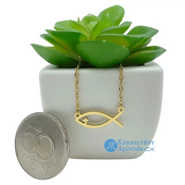 Ichthys ( halas ) kereszttel - keresztény szimbólumos, medálos, nemesacél nyaklánc ( 47 cm ) ARANY színű