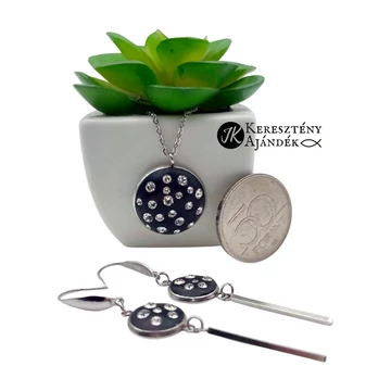 Fekete, swarovski kristályos, medálos fülbevalós szett ( nemesacél ) 20 mm