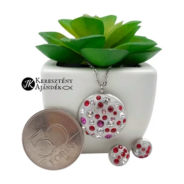 Piros - rózsaszín, swarovski kristályos,medálos fülbevalós szett nemesacél