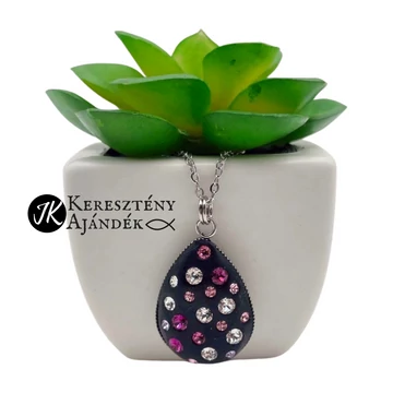 Csepp rózsaszín - fekete, swarovski kristályos, medálos fülbevalós szett nemesacél ( nyaklánc és fülbvaló )