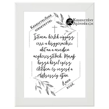 Keresztelődre szeretettel! - falikép, keretben 13x18 cm (szürke - fehér) FEHÉR színű ( 2026. )
