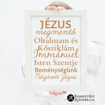 Jézus, megmentő, oltalmam és kősziklám, Immánuel, Isten Szentje, reménységünk, Názáreti Jézus- igés, keresztény feliratos, falikép, fehér keretben A/4-es méretben
