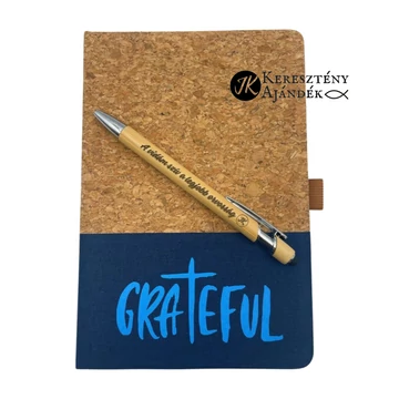 Grateful- igés, keresztény feliratos, parafa és pamut jegyzetfüzet igével - kb. A5 - ös méretű, vonalas lapokkal és ajándék golyóstollal ( KÉK )