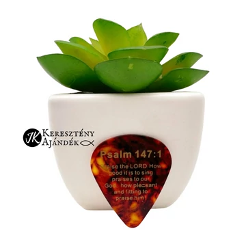 Pick Jesus: Praise the Lord. How good it is to sing praises to our God. How pleasant and fitting to praise him! / Dicsérjétek az Urat! - celluloid gitárpengető a Zsolt. 147:1 igeverssel SÖTÉTBARNA