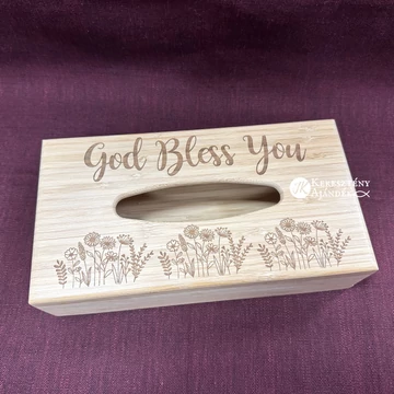 God bless you - keresztény feliratos, gravírozott, bambusz, asztali zsepitartó / zsebkendőtartó ( 26*14cm ) Ajándék Zewa zsepivel :)