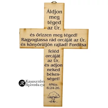 Ároni áldás: Áldjon meg téged az Úr... -  igés, keresztény feliratos, NATÚR fakereszt színes nyomattal, 18 cm-es, akasztóval