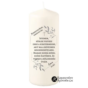Keresztelődre szeretettel ( illatmentes ) igés, keresztény feliratos, fehér tömbgyertya ajándékba, emlékül 14cm - es