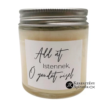 Add át Istennek, Ő gondot visel! - igés, keresztény feliratos, kézműves szójagyertya, fűszeres KEKSZes illattal VIRÁGOS