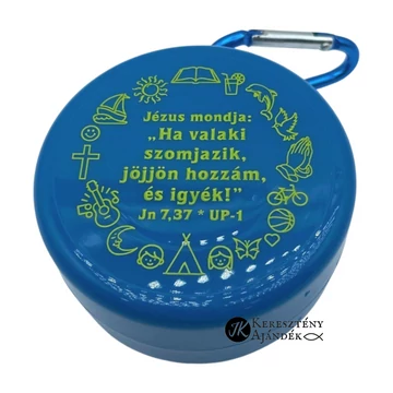 Mondja Jézus: Ha valaki szomjazik, jöjjön hozzám és igyék - igés, keresztény feliratos, úti pohár KÉK ( sárga írással )