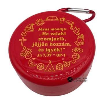 Mondja Jézus: Ha valaki szomjazik, jöjjön hozzám és igyék - igés, keresztény feliratos, úti pohár PIROS ( sárga írással )