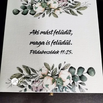 Aki mást felüdít, maga is felüdül -igés, keresztény feiratos, festett tea/teás doboz, transzfer technikával