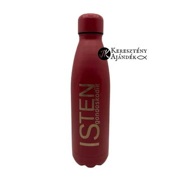 HŐTARTÓS - ISten gondoskodik - gravírozott, igés, keresztény feliratos, fém, duplafalú palack 500 ml PIROS + videós bemutató