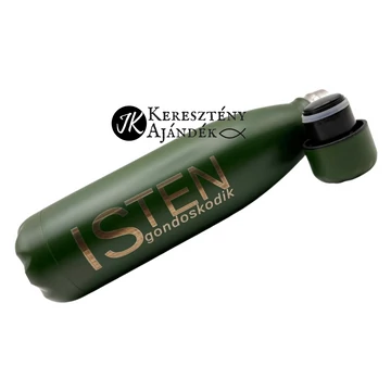HŐTARTÓS - ISten gondoskodik - gravírozott, igés, keresztény feliratos, fém, duplafalú palack 500 ml ZÖLD + videós bemutató