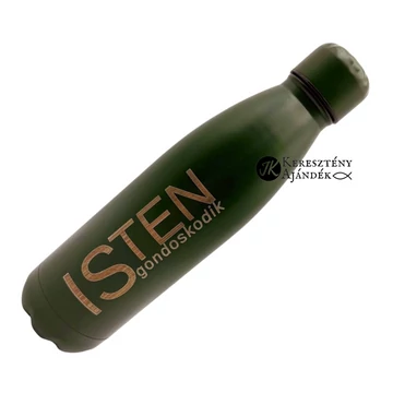 HŐTARTÓS - ISten gondoskodik - gravírozott, igés, keresztény feliratos, fém, duplafalú palack 500 ml ZÖLD + videós bemutató