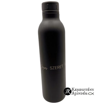 Jézus szeret engem Jézus szeret  téged - gravírozott, keresztény feliratos, fém, duplafalú vákuumos sportpalack, termosz, 510 ml FEKETE 