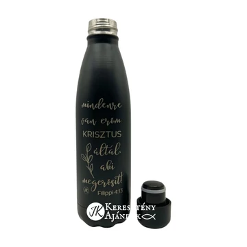 HŐTARTÓS - Mindenre van erőm Krisztus által - gravírozott, igés, keresztény feliratos, fém, duplafalú palack 500 ml FEKETE