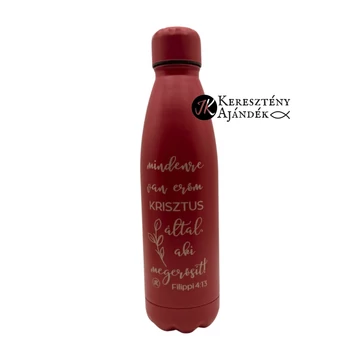 HŐTARTÓS - Mindenre van erőm Krisztus által - gravírozott, igés, keresztény feliratos, fém, duplafalú palack 500 ml PIROS