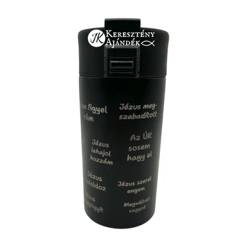 HŐTARTÓS - Bibliai megerősítések - 330 ml - es, gravírozott, igés, keresztény feliratos, duplafalú réz vákuumszigetelt termoszpohár, FEKETE + videós bemutató másik színnel