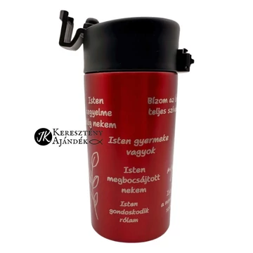 Bibliai megerősítések - 330 ml - es, gravírozott, igés, keresztény feliratos, duplafalú réz vákuumszigetelt termoszpohár, PIROS + videós bemutató