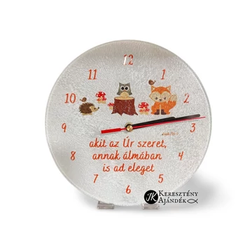 akit az Úr szeret, annak álmában is ad - igés, keresztény feliratos ÜVEG falióra, 20 cm, gyermekszobába