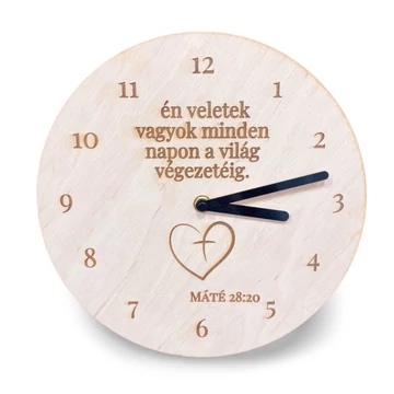  én veletek vagyok minden napon a világ végezetéig - igés, keresztény feliratos, gravírozott, natúr, fa falióra, 25 cm