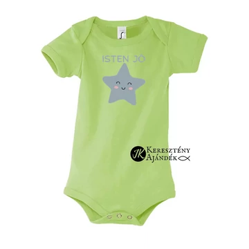 Isten jó! - keresztény feliratos body, rövid ujjú, unisex fazon, alma ZÖLD színben 12 - 18 hónapos méret 