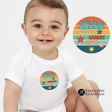 Jézus nagyon szeret engem - keresztény feliratos body, rövid ujjú, unisex fazon, FEHÉR színben ( akár keresztelőre is ) 12-18 hónapos méret 