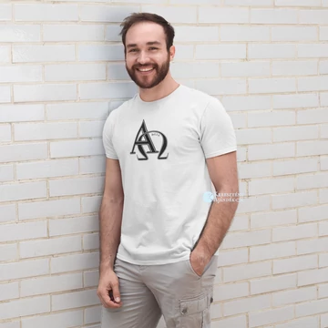Alfa és Omega - igés, mintás, keresztény feliratos, kereknyakú férfi / unisex póló, FEHÉR S - 2XL méretben ( S )