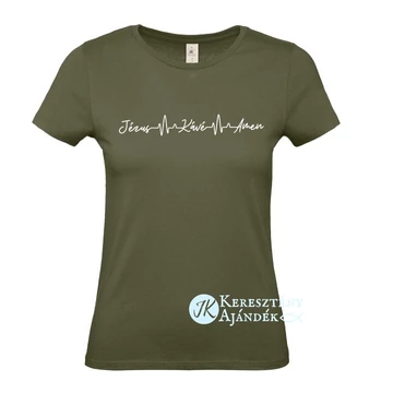 Jézus - Kávé - Ámen igés, mintás, keresztény feliratos, kereknyakú női póló, KHAKI XS - 2XL ( S )