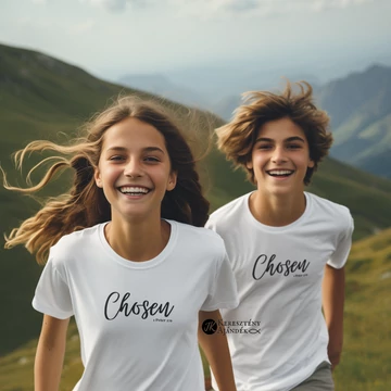 Chosen (fekete) - keresztény feliratos póló, lányoknak/fiúknak (9 évestől 14 éves korig) FEHÉR  12-14 éves méret