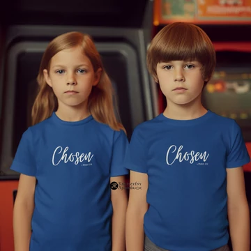Chosen (fehér) - keresztény feliratos póló, lányoknak/fiúknak (5 évestől 11 éves korig) KIRÁLYKÉK  5-6 éves méret