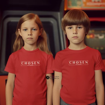Chosen - not forsaken ( Kiválasztott, nem elhagyott ) - igés, mintás, keresztény feliratos, kereknyakú póló, lányoknak, fiúknak (1 évestől 14 éves korig ) PIROS - 1-2 éves méret