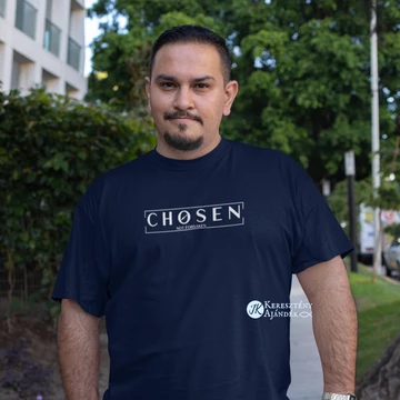 Chosen - not forsaken - igés, mintás, keresztény feliratos, kereknyakú férfi póló, SÖTÉTKÉK S - 2XL méretben ( 2XL )