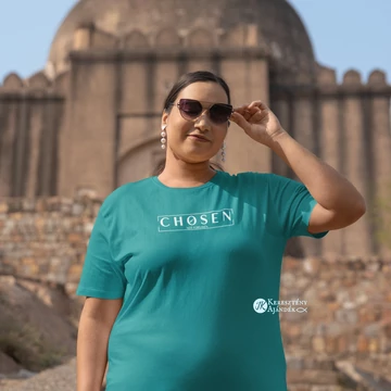 Chosen - not forsaken - mintás, keresztény feliratos, kereknyakú női póló, TÜRKIZ színben UNISEX XL méretben ( PLUS SIZE )