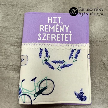 Hit, remény, szeretet-(lila, csipkés) bibliaborító textil anyagból RÚF 17 x 22 cm 