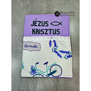 Jézus Krisztus - (Lila, levendulás) bibliaborító textil anyagból RÚF, 19x15 cm